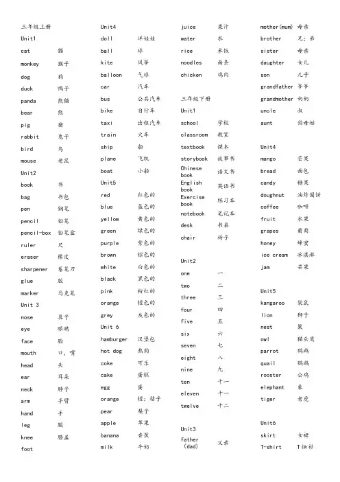 人教精通版三年级-四年级单词