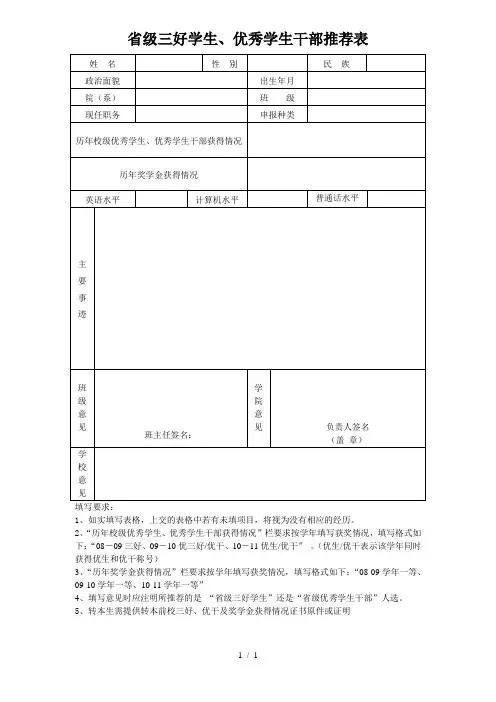 省级三好学生、优秀学生干部推荐表