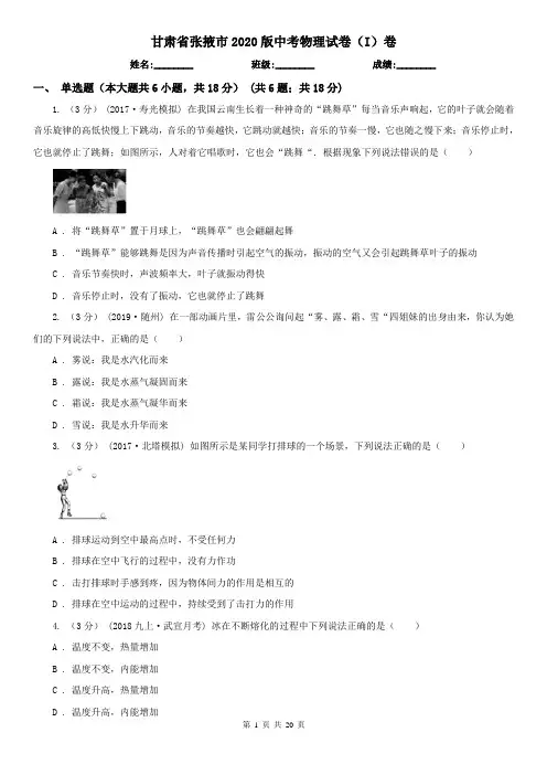 甘肃省张掖市2020版中考物理试卷(I)卷