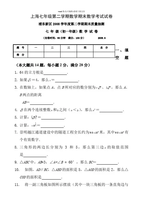上海七年级第二学期数学期末数学考试试卷-(19)