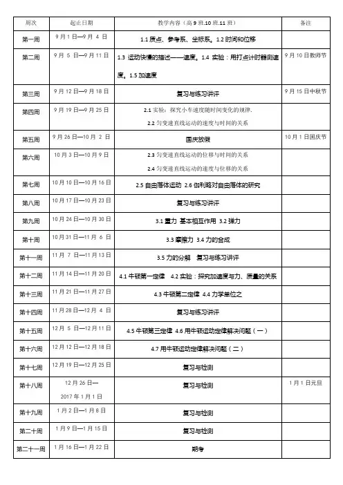高一物理教学进度表