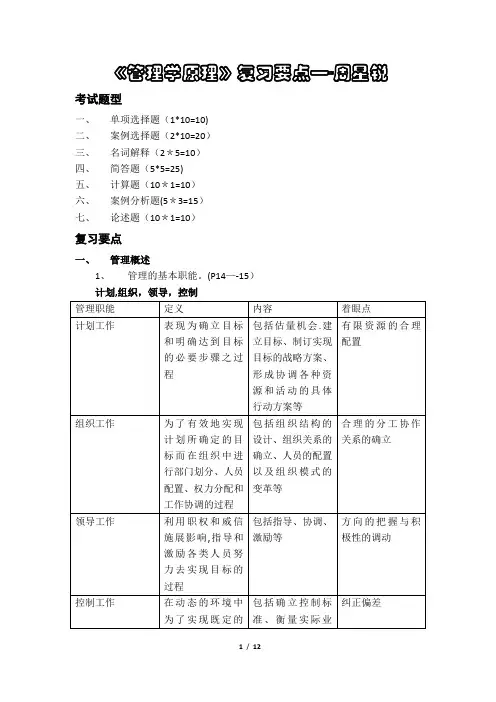 表格版修正版《管理学原理》复习要点