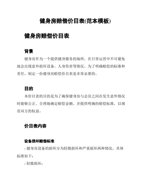 健身房赔偿价目表(范本模板)