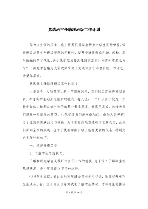 竞选班主任助理班级工作计划
