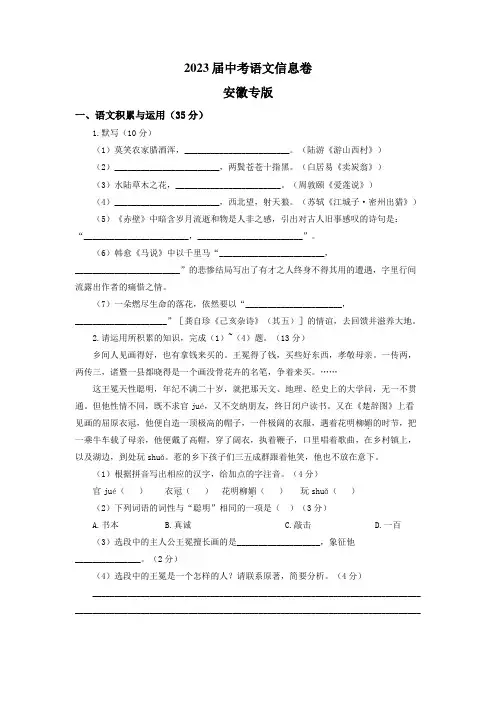 2023年安徽省中考语文信息卷