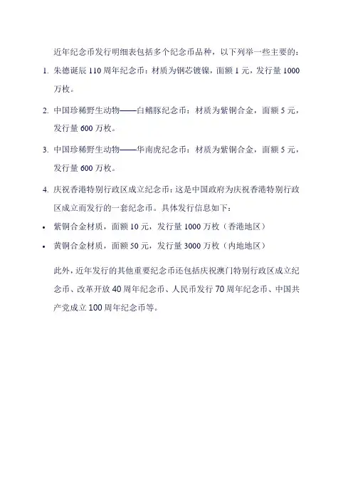 近年纪念币发行明细表