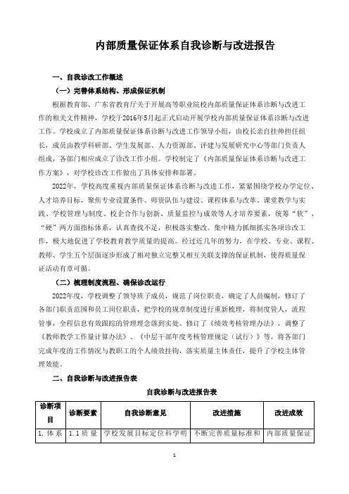 内部质量保证体系自我诊断与改进报告