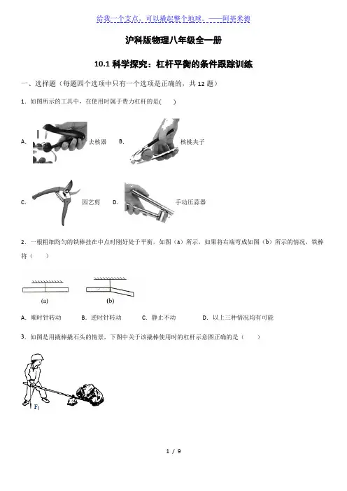 沪科版物理八年级全一册10.1科学探究：杠杆平衡的条件跟踪训练(word版)(有答案)