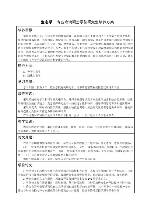 生态学专业攻读硕士学位研究生培养方案