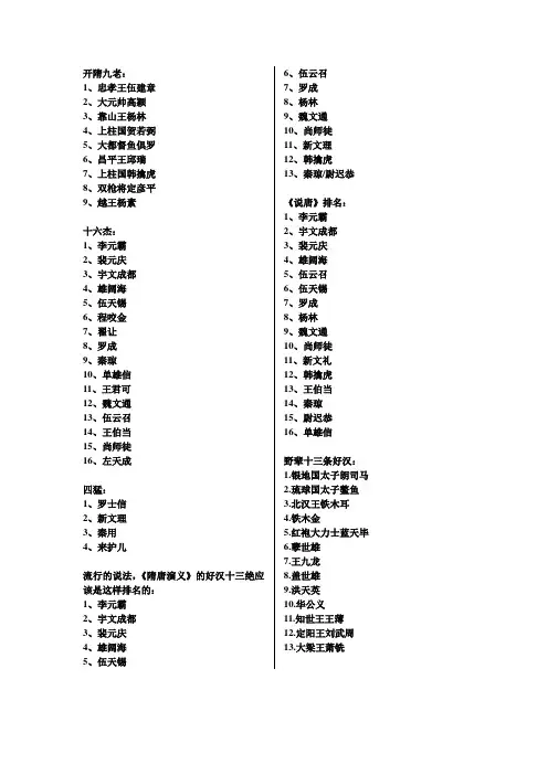 隋唐英雄排名
