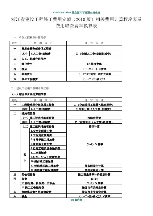 浙江省建设工程施工费用定额(2010版)相关费用计算程序表及费用取费费率换算表