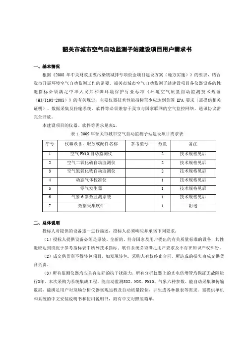 韶关城空气自动监测子站建设项目用户需求书