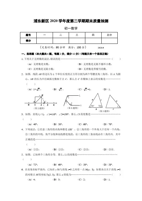 上海市浦东新区2020-2020学年七年级下期末数学试题含答案