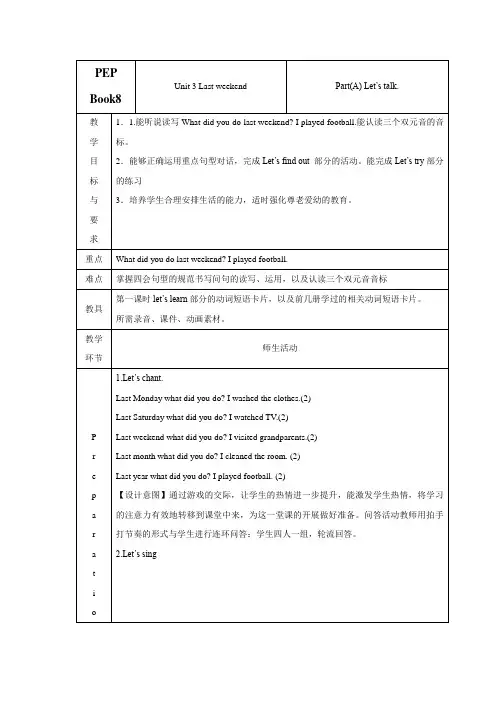 六年级下册英语(人教PEP)教学设计Unit3PartALetstalk