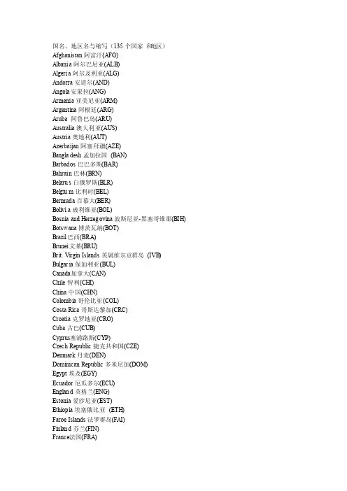 国家简称（135个国家和地区）