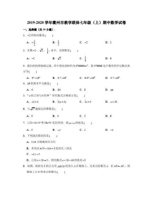 2019-2020学年浙江省衢州市教学联盟体七年级(上)期中数学试卷 (含解析)