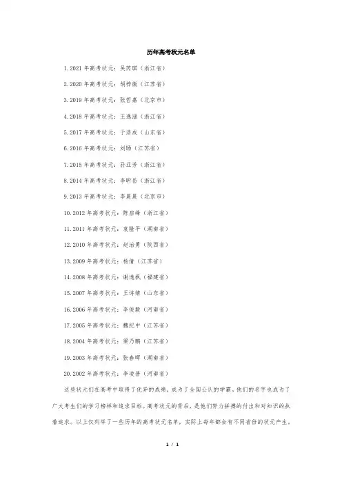 历年高考状元名单