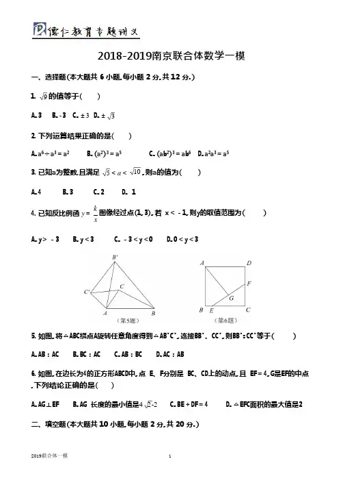 2018-2019南京市九年级联合体数学一模试卷(可编辑修改word版)
