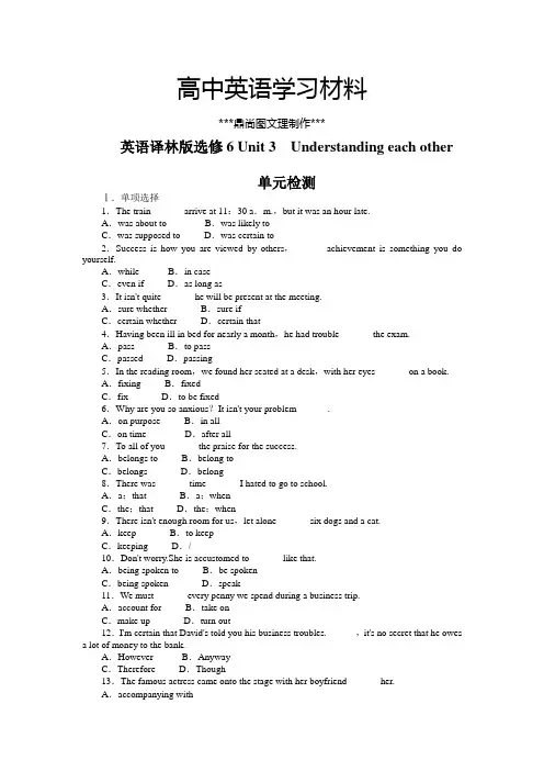 牛津译林版高中英语选修六 Unit 3 Understanding each other.doc
