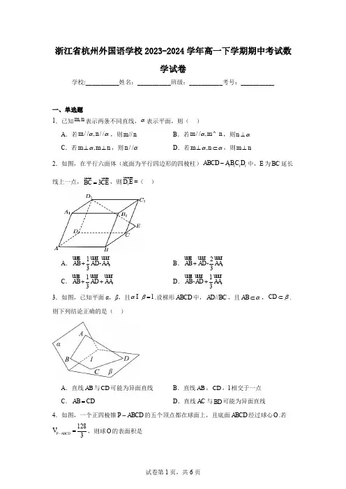 浙江省杭州外国语学校2023-2024学年高一下学期期中考试数学试卷