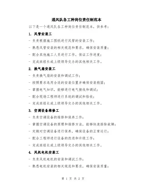 通风队各工种岗位责任制范本