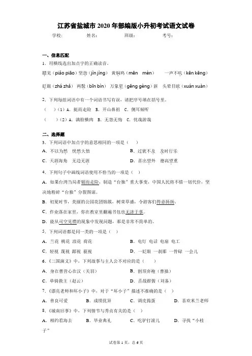 江苏省盐城市2020年部编版小升初考试语文试卷(word版 含答案)
