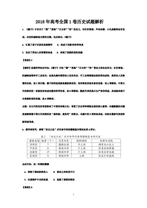 2018年高考全国1卷历史试题答案解析
