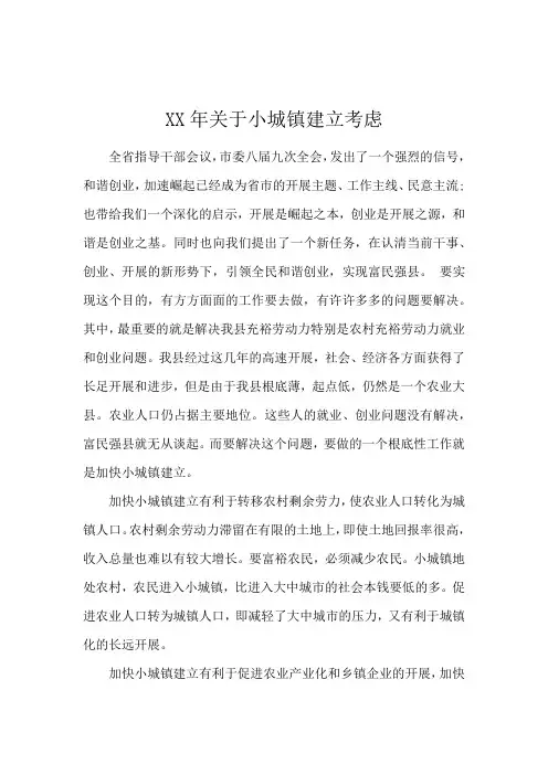 XX年关于小城镇建设思考