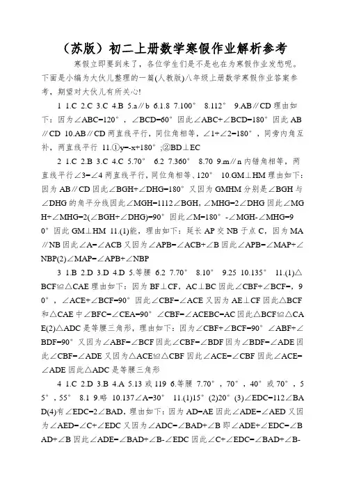 (苏版)初二上册数学寒假作业解析参考