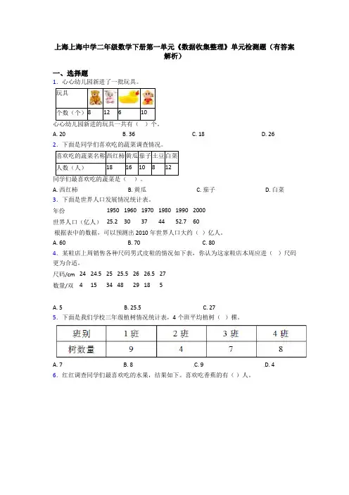 上海上海中学二年级数学下册第一单元《数据收集整理》单元检测题(有答案解析)