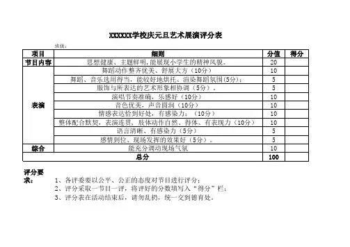 XXXX学校庆元旦艺术展演评分表