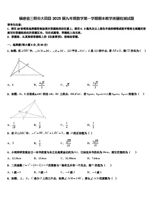 福建省三明市大田县2025届九年级数学第一学期期末教学质量检测试题含解析