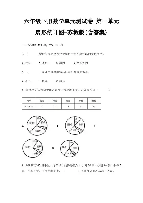 六年级下册数学单元测试卷-第一单元 扇形统计图-苏教版(含答案)