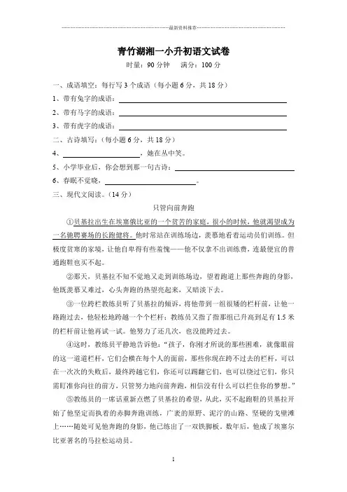 青竹湖湘一小升初语文试卷及答案精编版