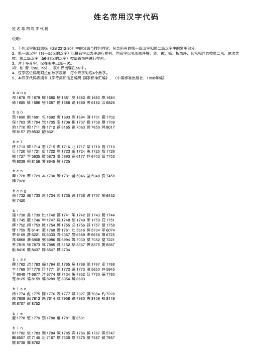 姓名常用汉字代码
