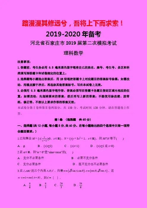 2019-2020年河北省石家庄市二模：石家庄市2019届高三第二次模拟考试数学(理)试题-附答案精品