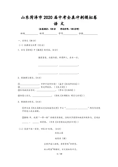 山东菏泽市2020届中考语文全真冲刺模拟卷(二)(含答案)