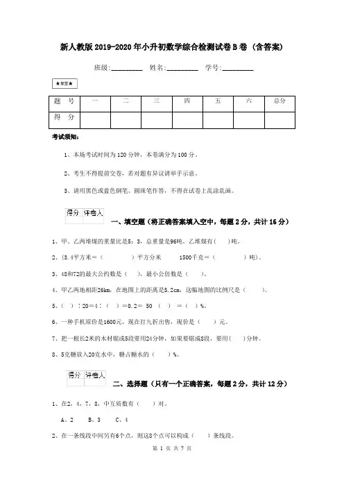 新人教版2019-2020年小升初数学综合检测试卷B卷 (含答案)