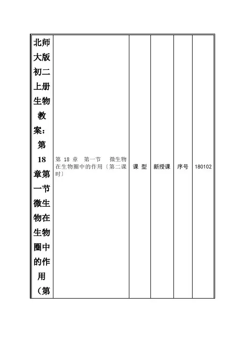 北师大版初二上册生物教案：第18章第一节微生物在生物圈中的作用(第二课时