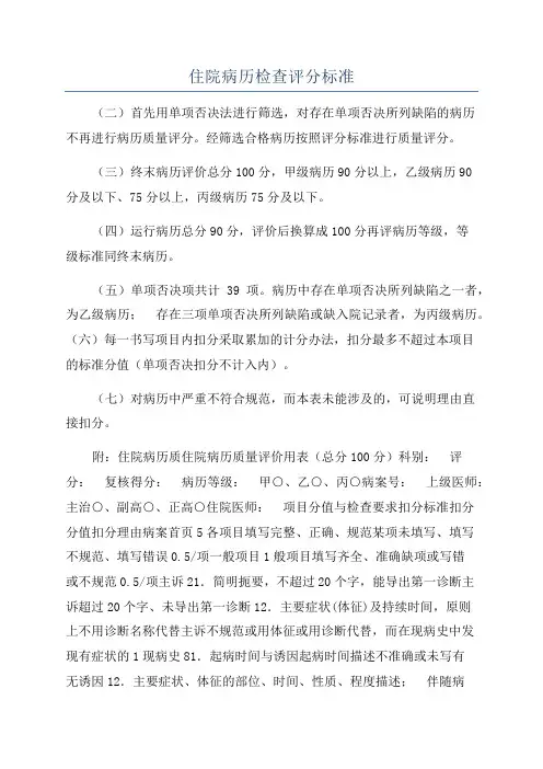 住院病历检查评分标准