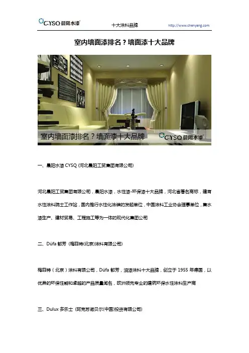 室内墙面漆排名？墙面漆十大品牌