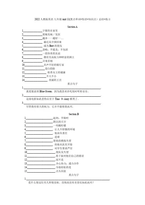 Unit 11(重点单词 短语 知识点)总结 练习2022-2023学年人教版九年级英语全册(答案)