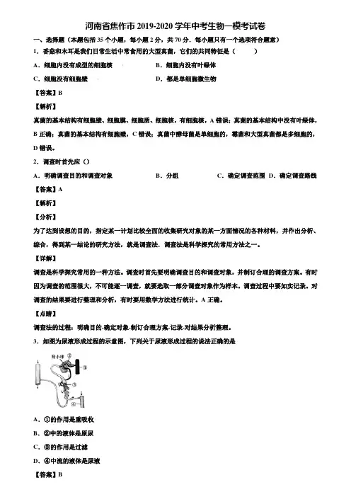 河南省焦作市2019-2020学年中考生物一模考试卷含解析