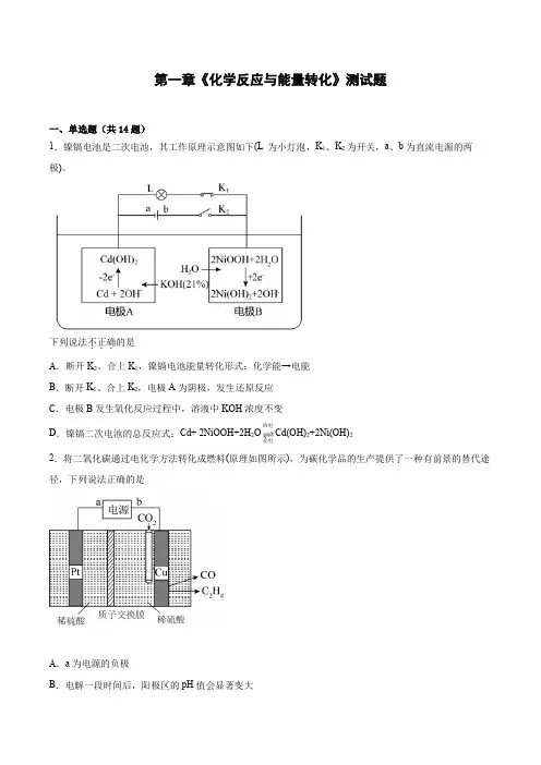 第一章《化学反应与能量转化》测试题--高二化学鲁科版(2019)选择性必修1