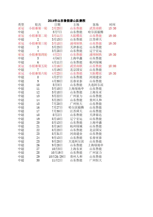 2014年山东鲁能泰山队赛程附有详细开球时间