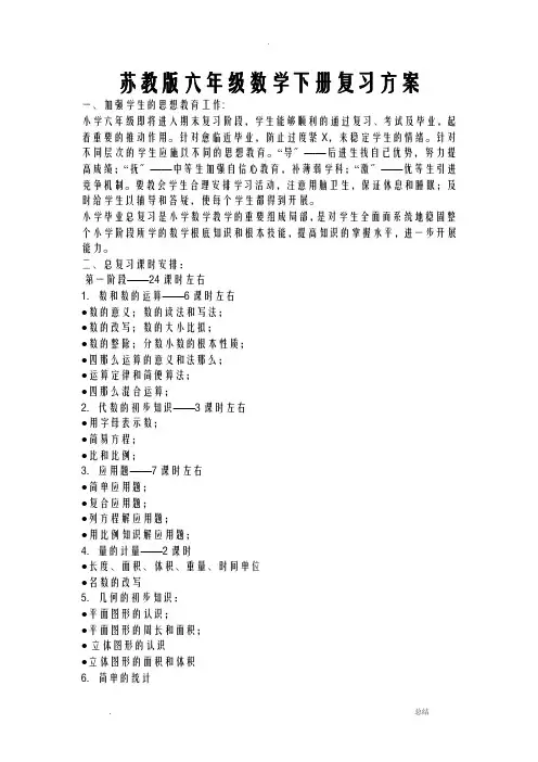 苏教版六年级数学下册复习计划
