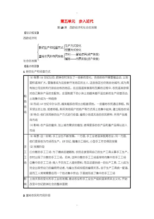 2019-2020年人教版九年级历史上册第五单元步入近代第13课西欧经济和社会的发展知识点总结