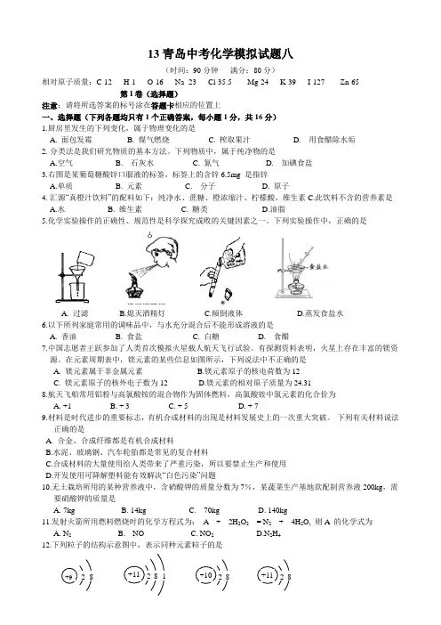 13青岛化学中考模拟试题八