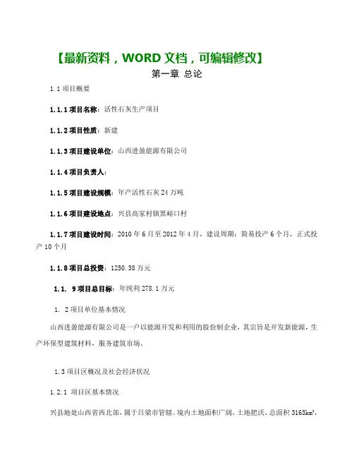 进盈能源公司活性石灰生产项目可行性研究报告