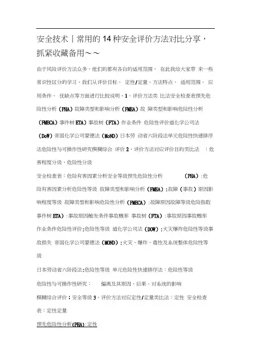 常用的14种安全评价方法对比